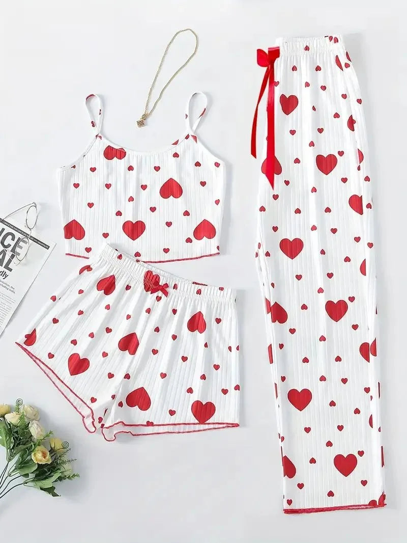 Women’s Autumn Winter Pajama Set – Heart Print Sleeveless Cami Top & Long Pants Sleepwear
