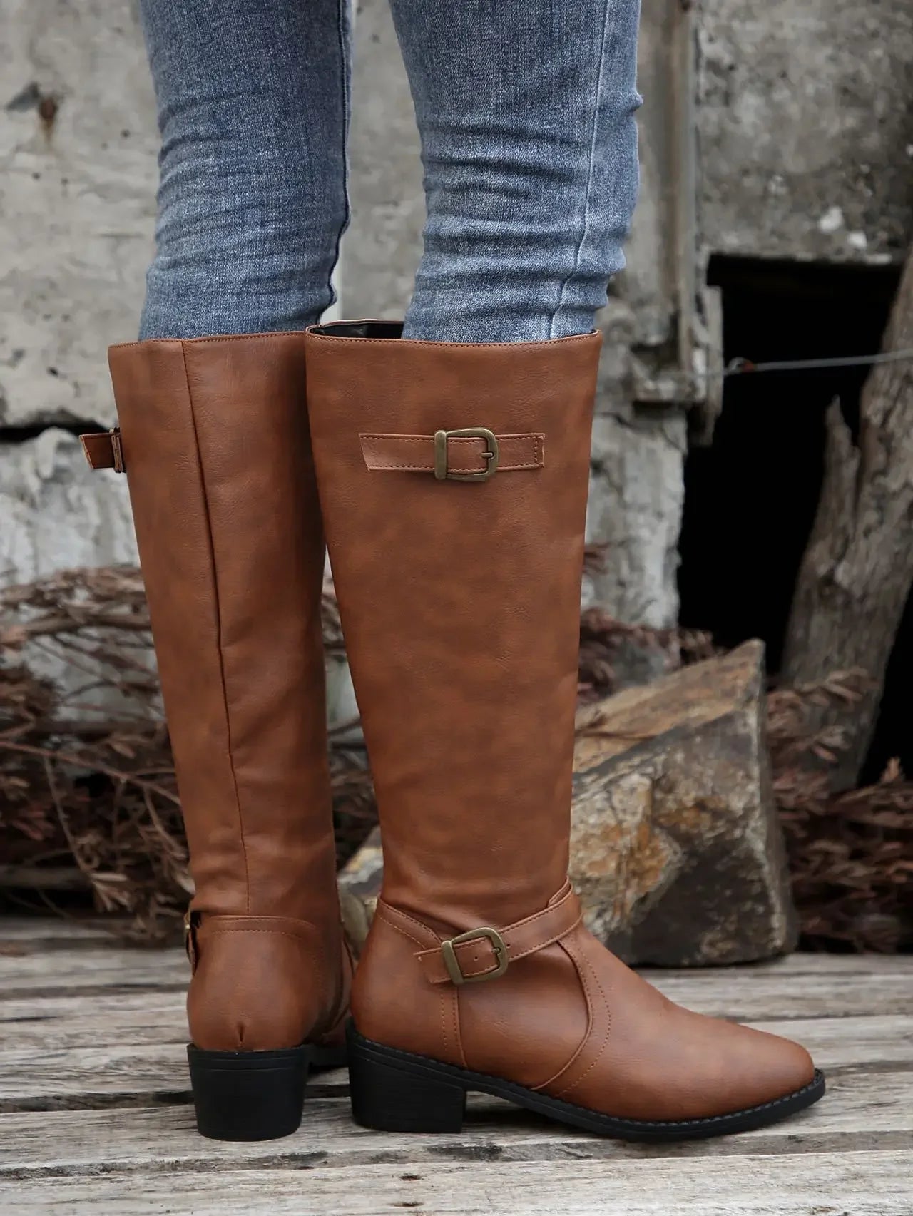 Women’s Winter High-Top Knight Boots – Side Zipper & Belt Buckle, Pointed Toe, PU Material with Cotton Lining