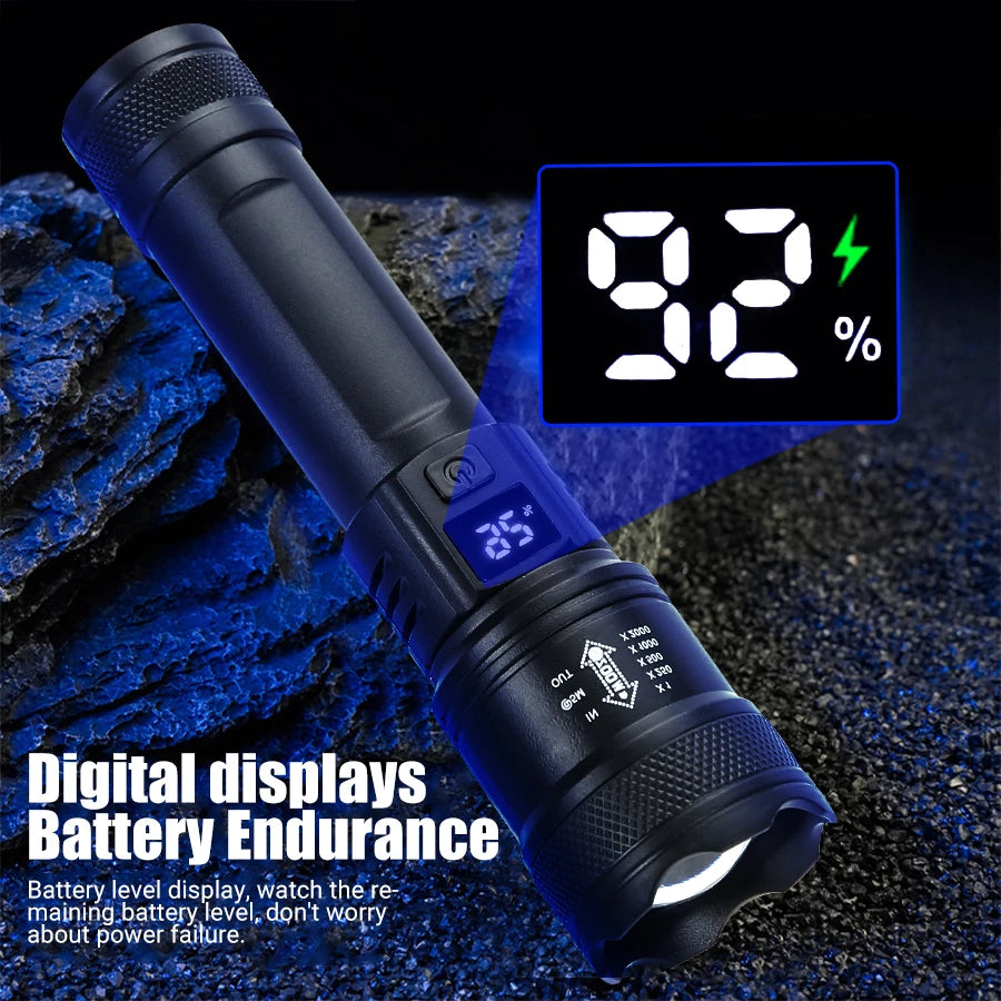 9900LM Powerful LED Flashlight – USB Rechargeable with Battery Display, Telescopic Zoom Torch for Outdoor Camping and Fishing