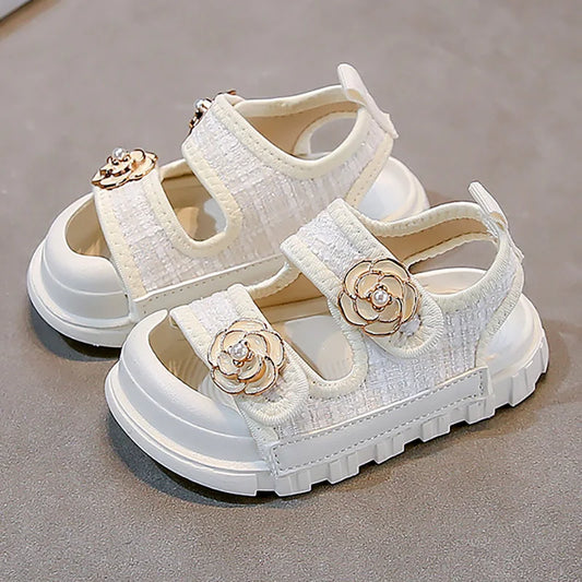 Girls’ Summer Sandals with Pearl Flower, Soft-Soled Beach Shoes for Kids