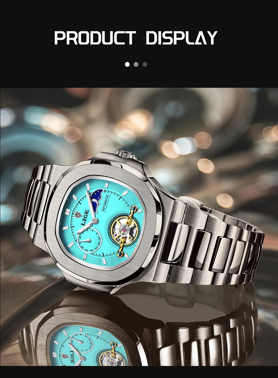 LIGE Dual Seconds Tourbillon Watch – Men's Stainless Steel Mechanical Timepiece, 24H, Night Glow, Waterproof