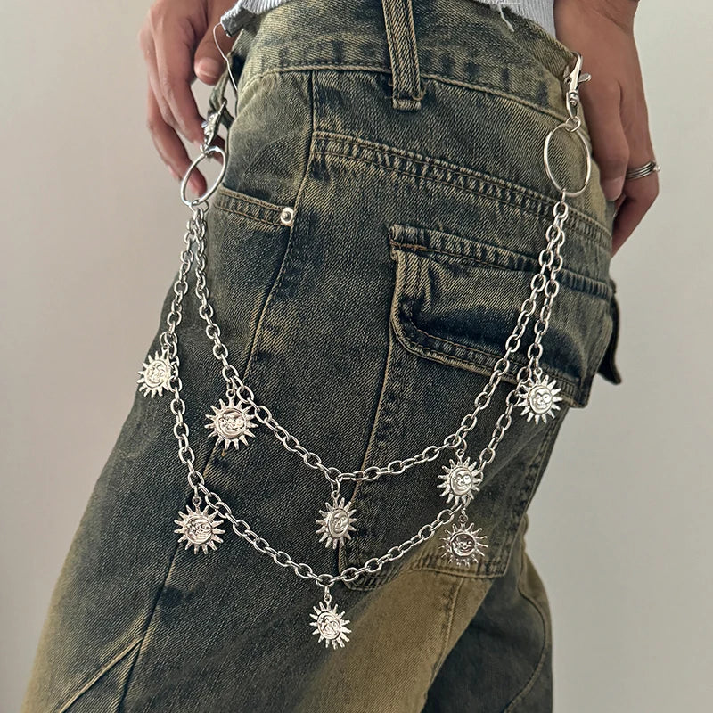 Unisex Jeans Pants Chain Belts - Punk Metal Crescent Geometric Bag Chain, Hip Hop Hipster Keychain for Men & Women