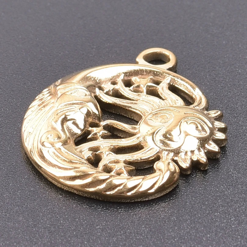 6pcs Real Gold-Plated Sun Charms - Stainless Steel Jewelry Making Pendants, Heart, Moon & Sunshine Design