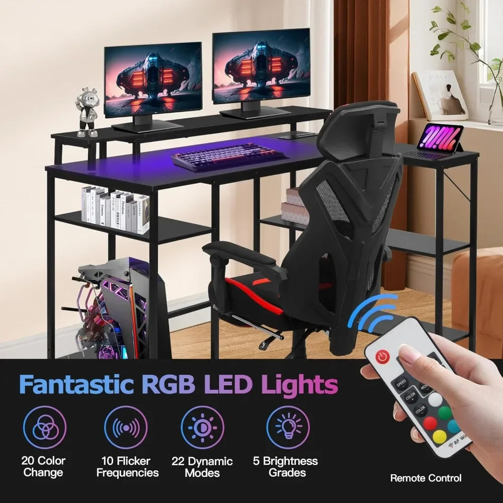 L-Shaped Gaming Desk with LED Lights – Reversible Computer Desk with Power Outlets, Stand & Shelves