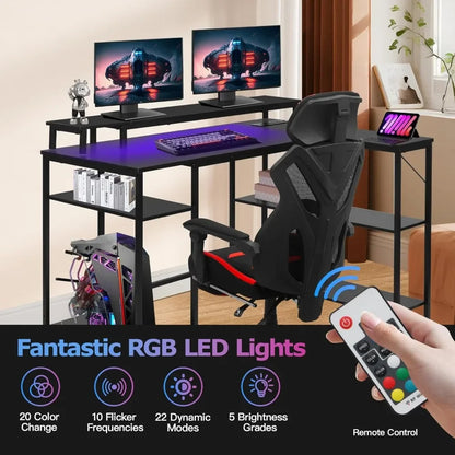 L-Shaped Gaming Desk with LED Lights – Reversible Computer Desk with Power Outlets, Stand & Shelves