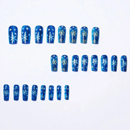 Medium Long Christmas Fake Nails – Square & Almond Tips with Tree, Snowflake & Snowman Designs