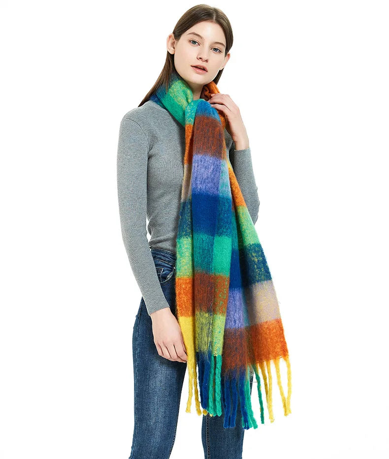 2025 Women's Winter Thick Cashmere Scarf – Warm Pashmina Shawl with Rainbow Tassels & Wraps
