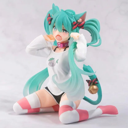 Hatsune Miku 12cm Neko Ears Figure – Cute Anime Desktop Figurine T-Shirt Ver. Kawaii Model Toy Decor