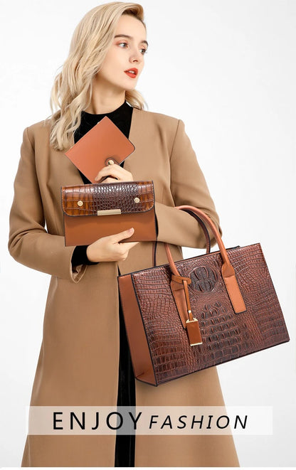 New Crocodile Pattern Handbag Set for Women — 3Pcs Tote, Shoulder Bag & Clutch, Large Capacity Fashion Set