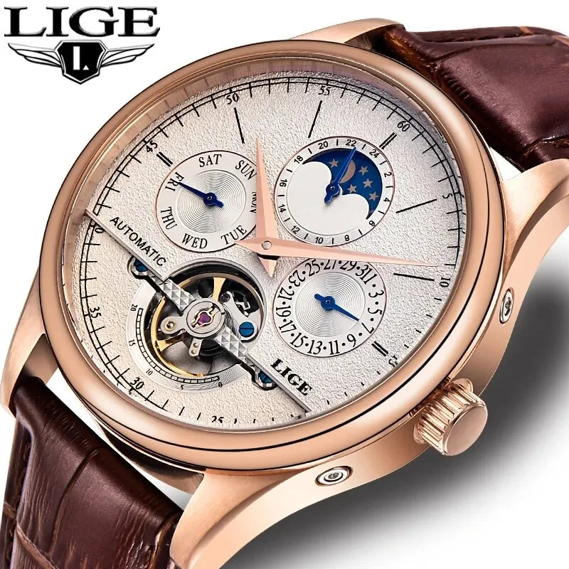 LIGE Men's Automatic Mechanical Tourbillon Watch - Waterproof Genuine Leather Military Wristwatch