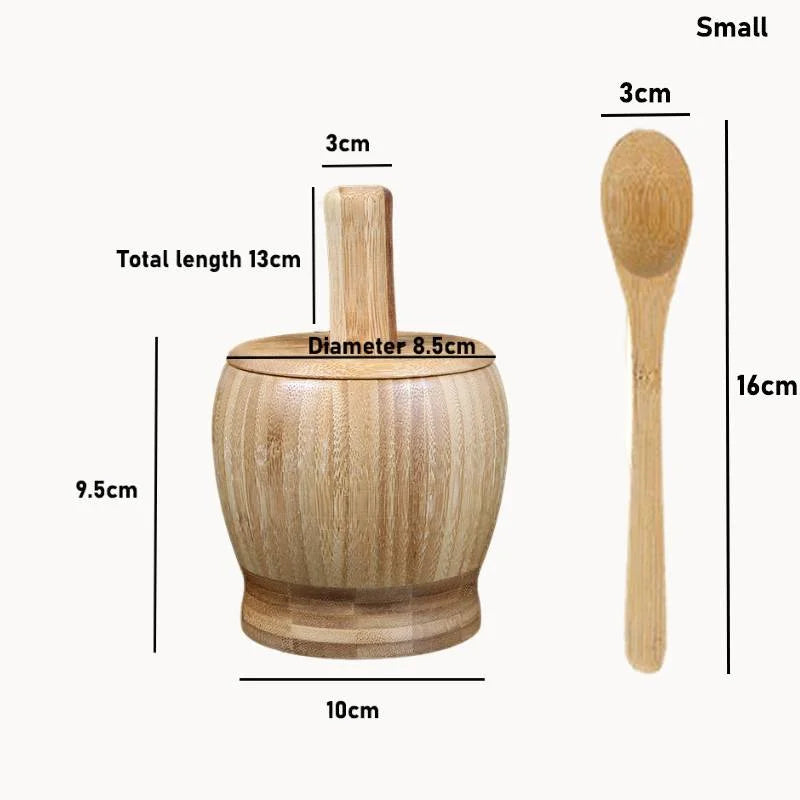 Traditional Bamboo Mortar & Pestle Set – Garlic, Herb & Spice Grinder for Kitchen Crushing and Mashing