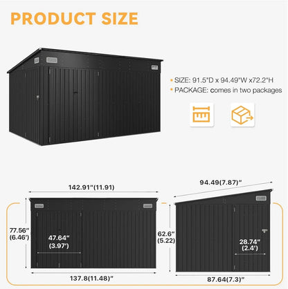11.5'x7.5' Outdoor Metal Storage Shed – Triple Lockable Door with Sloping Roof for Tools & Bicycles
