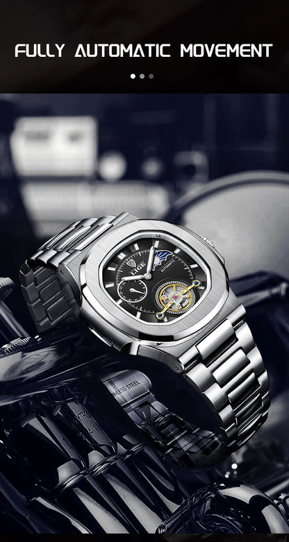 LIGE Dual Seconds Tourbillon Watch – Men's Stainless Steel Mechanical Timepiece, 24H, Night Glow, Waterproof