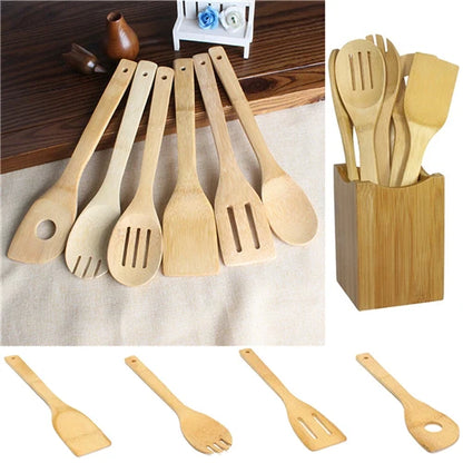 6PCS Bamboo Cooking Utensil Set – Wooden Spoons & Spatulas for Kitchen Mixing & Cooking