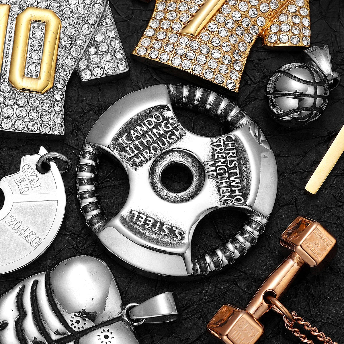 Messi, Ronaldo, Mbappé Football Jersey Necklace – Stainless Steel Dumbbell Pendant Chain for Men, Punk Gym Style