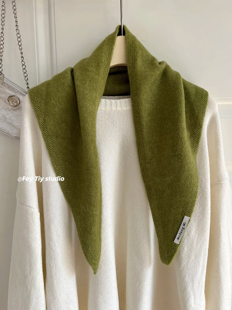 British Korean Style Wool Knitted Triangular Scarf – Multi-Functional Headscarf, Warm Knit Scarf for Women