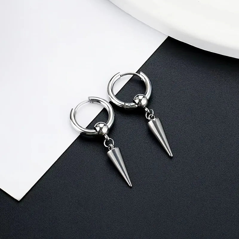 Fashion Stainless Steel Men's Cone Pendant Earrings | Retro Punk Hip-Hop Style Dangle Earrings for Men