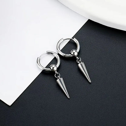 Fashion Stainless Steel Men's Cone Pendant Earrings | Retro Punk Hip-Hop Style Dangle Earrings for Men