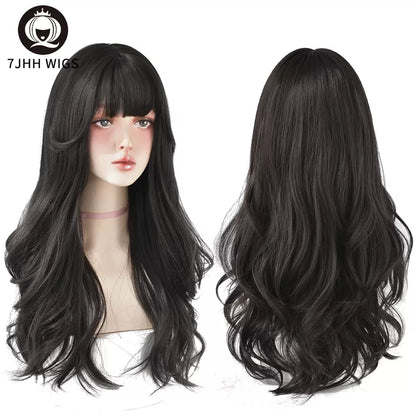 7JHH WIGS Popular Brown Ash Long Deep Wave Hair Lolita Wigs: Synthetic Wig with Bangs, Fashionable Thick Curls for Women & Girls