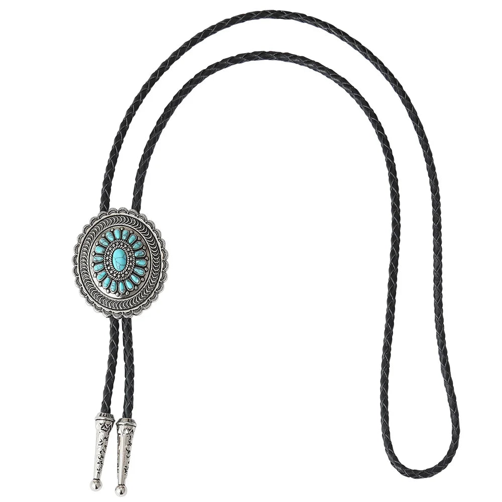 Indian Western Cowboy Carved Turquoise Flowers Bolo Tie – Genuine Leather Cord Neck Tie, Cheapify