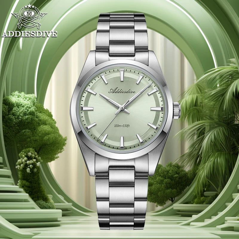 ADDIESDIVE Men's Luxury Quartz Watch – VH31, 100m Waterproof, Green AR Coating, Luminous, 316L Stainless Steel, 36mm