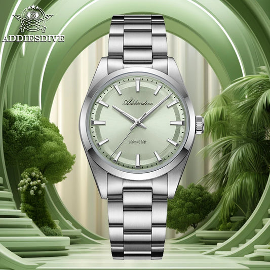 ADDIESDIVE Men's Luxury Quartz Watch – VH31, 100m Waterproof, Green AR Coating, Luminous, 316L Stainless Steel, 36mm