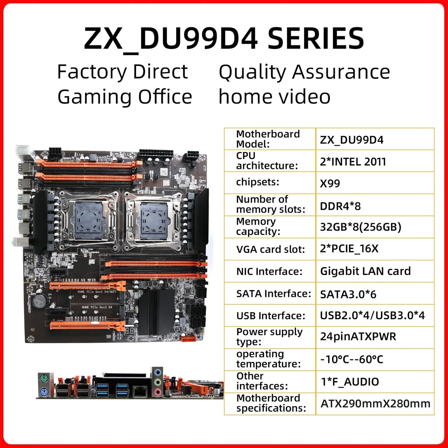 X99 Dual CPU Motherboard ZX-DU99D4X8 V1.1 - Intel X99 Chip, LGA 2011/2011-3 Support, DDR4 RAM