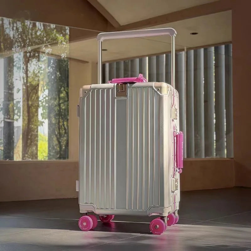 Aluminum Frame Rolling Luggage — Wide Handlebar Trolley Suitcase with Colorful Silent Spinner Wheels, TSA Lock & Large Capacity