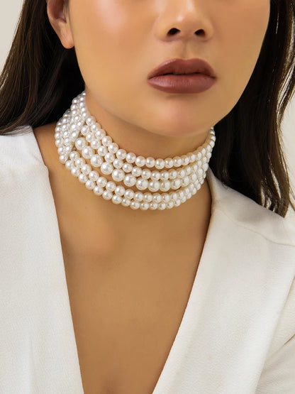 Vintage Imitation Pearl Multi-Layer Necklace – Elegant Oval Beads Choker Collar for Women, Chain Jewelry Accessories, Party Gift