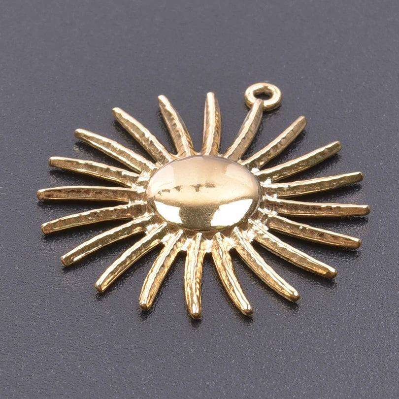 6pcs Real Gold-Plated Sun Charms - Stainless Steel Jewelry Making Pendants, Heart, Moon & Sunshine Design
