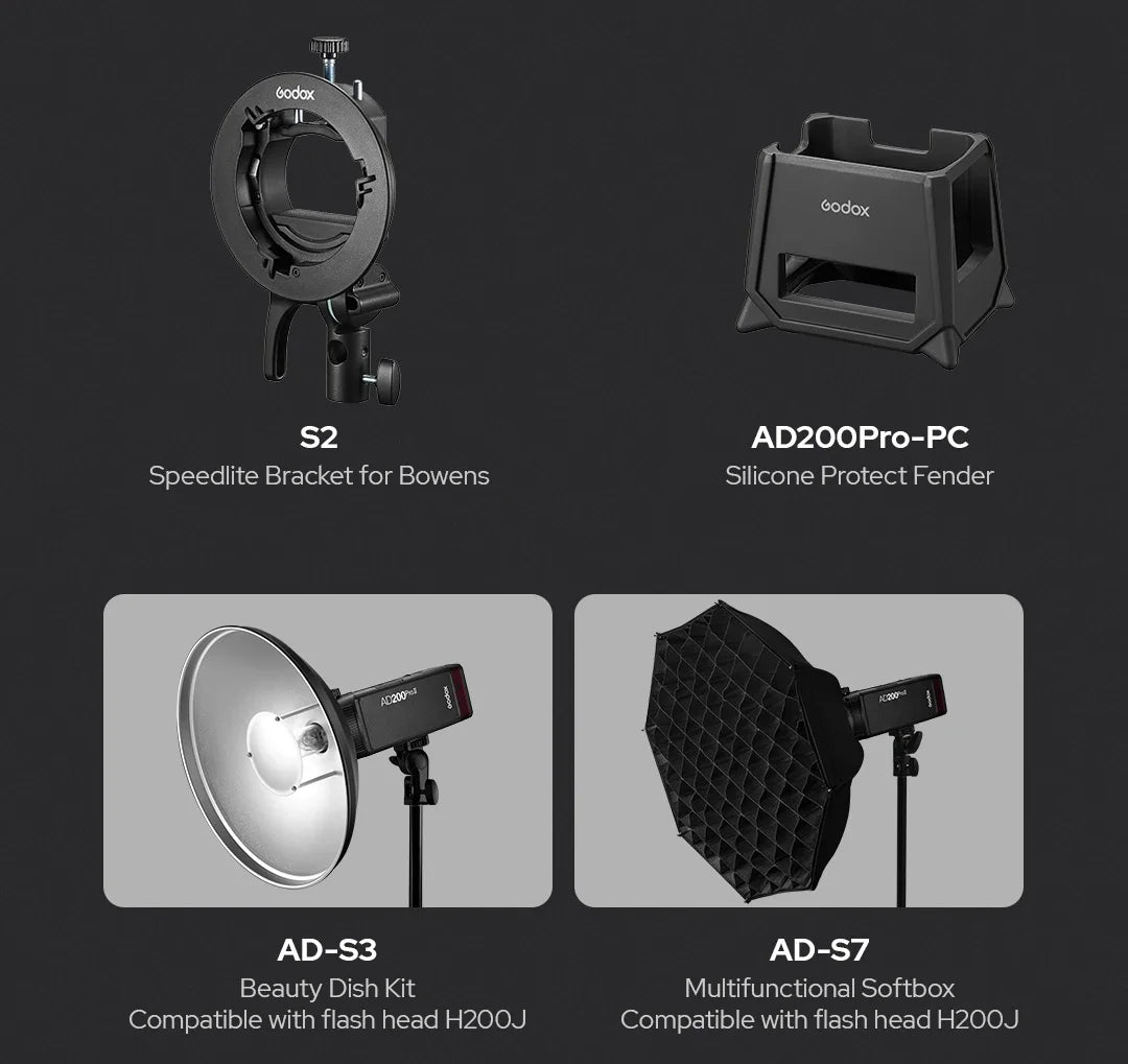 Godox AD200 Pro II Flash – 200Ws, 1/8000 HSS, 2980mAh Battery, 2.4G Wireless X System, Bi-Color Modeling Lamp Speedlight Flash