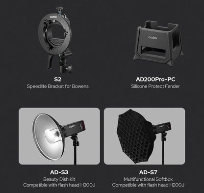 Godox AD200 Pro II Flash – 200Ws, 1/8000 HSS, 2980mAh Battery, 2.4G Wireless X System, Bi-Color Modeling Lamp Speedlight Flash
