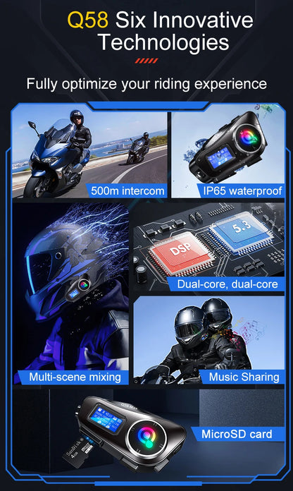 Q58 Max Motorcycle Helmet Bluetooth Intercom – IP65 Waterproof, 500M Range, Multi-Scene Music Sharing