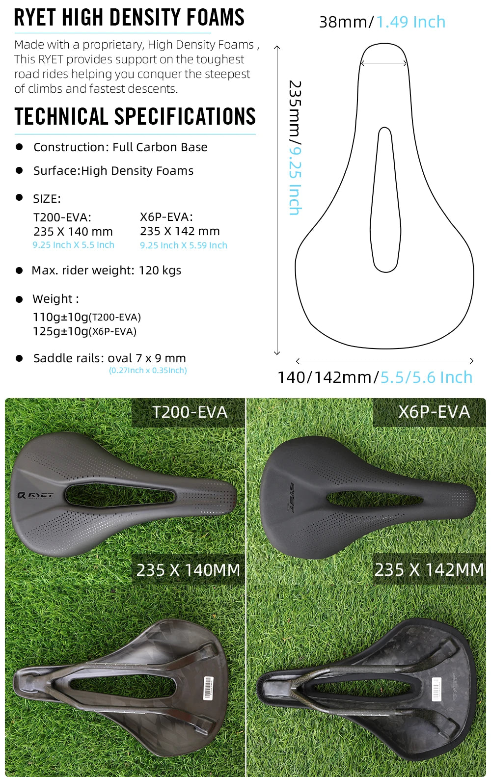 RYET 3D Printed Carbon Bike Saddle — 140/142mm Super Light EVA Road & MTB Racing Seat Cushion