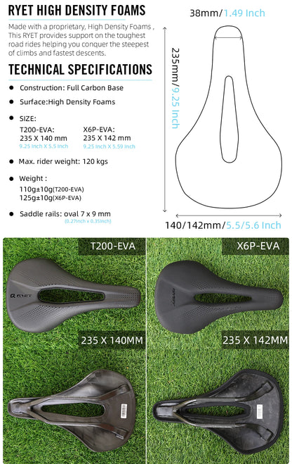 RYET 3D Printed Carbon Bike Saddle — 140/142mm Super Light EVA Road & MTB Racing Seat Cushion