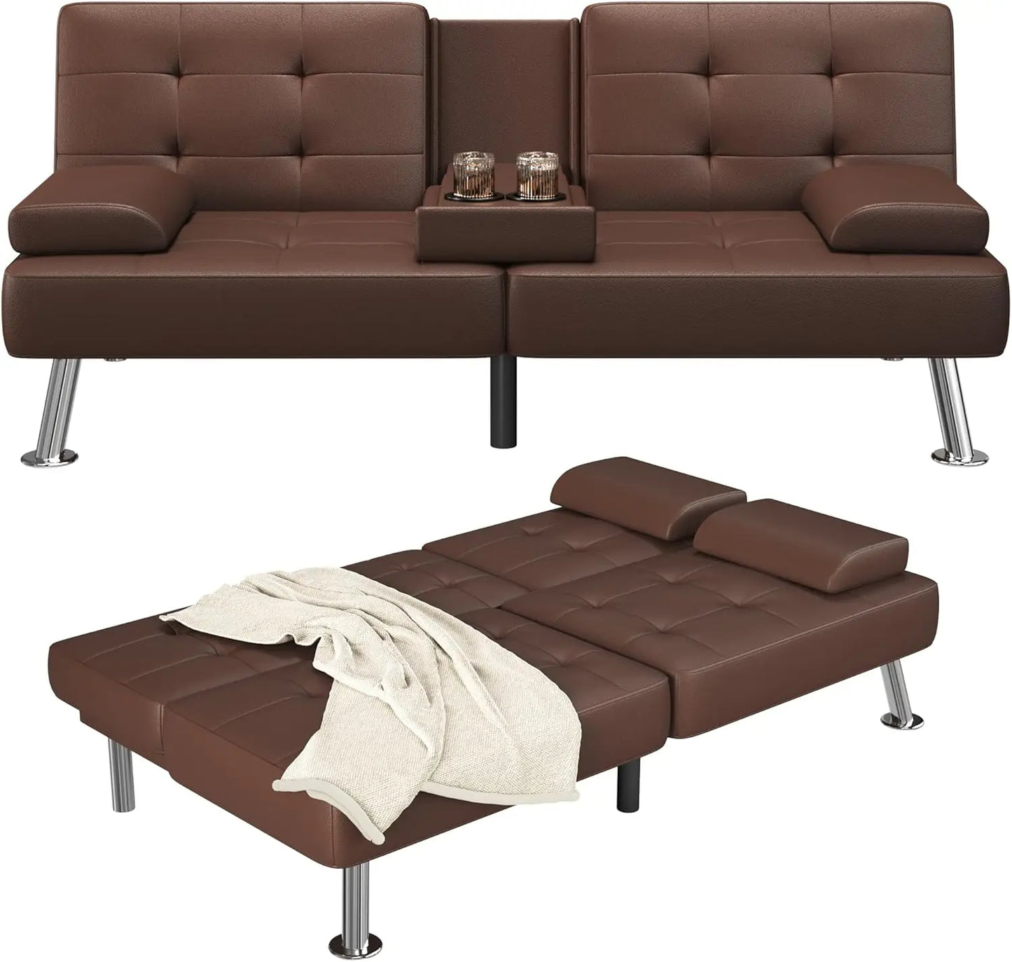 Adjustable PU Leather Futon Sofa Bed with Built-in Cup Holders – Modern Convertible Sleeper Couch