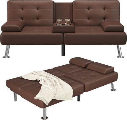 Adjustable PU Leather Futon Sofa Bed with Built-in Cup Holders – Modern Convertible Sleeper Couch