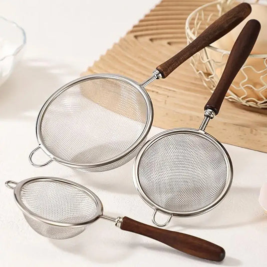 Stainless Steel Mesh Filter Spoon with Wooden Handle – Kitchen Strainer for Flour, Oil, and Fried Foods