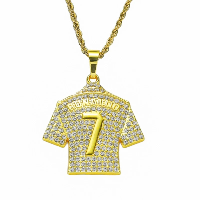HNSP Cristiano Ronaldo CR7 Jersey Pendant Necklace – Full Zircon Chain for Men & Soccer Fans