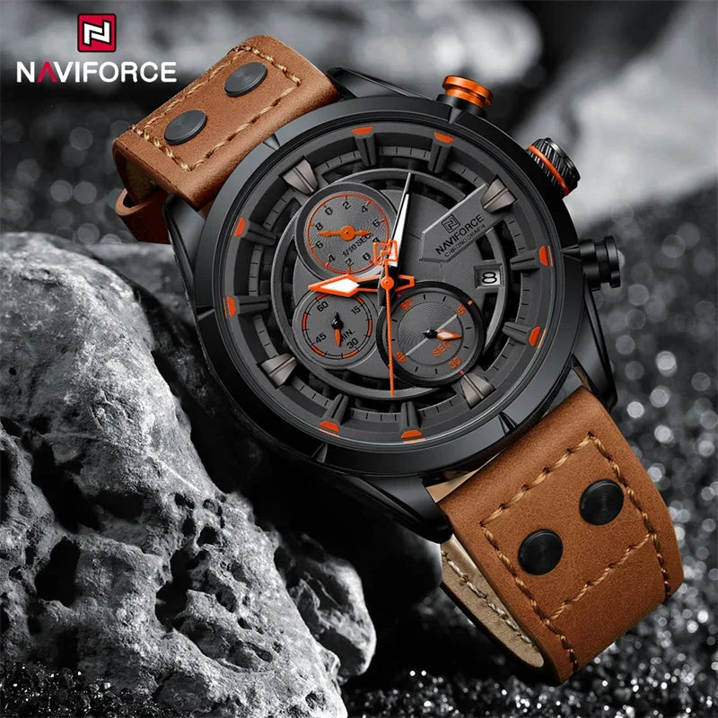 NAVIFORCE Men's Casual Watch – Luxury Waterproof Chronograph Quartz Wristwatch with Genuine Leather Strap