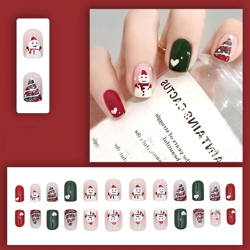 Medium Long Christmas Fake Nails – Square & Almond Tips with Tree, Snowflake & Snowman Designs
