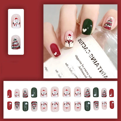 Medium Long Christmas Fake Nails – Square & Almond Tips with Tree, Snowflake & Snowman Designs