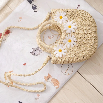 Hand-Woven Straw Beach Bag – Women’s Handmade Moon Basket Crossbody Bohemian Summer Tote