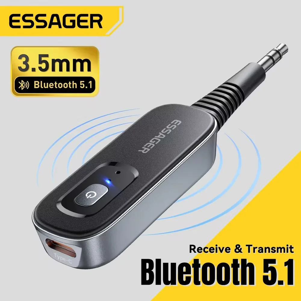 Essager 2 in 1 Bluetooth 5.1 Audio Receiver & Transmitter – Wireless 3.5mm AUX Stereo Adapter for Earphones, TV, & Car