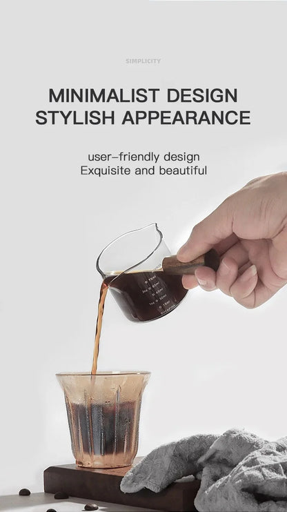 75ML Glass Coffee Measuring Cup with Wooden Handle — Espresso, Milk & Latte Transparent Cup with Scale, Kitchen Coffee Barista Tool