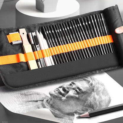 Sketch Pencils Set with Canvas Wrap - 27/38/47pcs Art Drawing Supplies, Charcoals, Kneaded Eraser - Sketching Pencil Bag