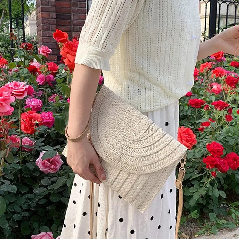 Handmade Straw Beach Bag – Small Woven Summer Shoulder Crossbody Clutch with Hair Ball