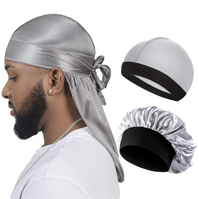 Men’s Silky Durag with Long Tail - Pirate Hat, Headband, Turban, Wave Cap, Unisex Satin Wig Cap with Elastic Band
