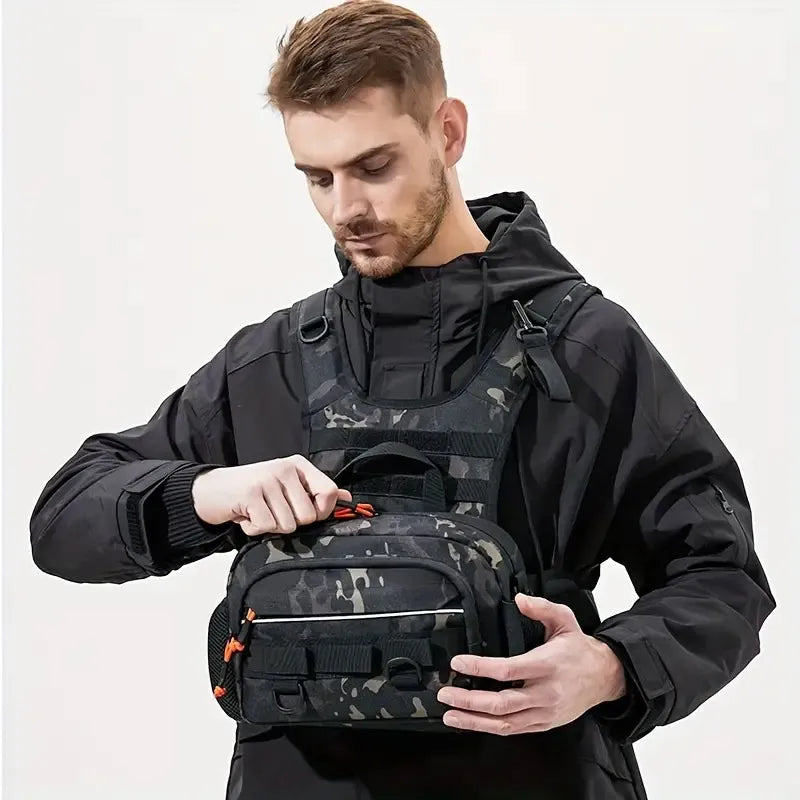 Fishing Lure Front Chest Vest Backpack – Tactical Travel, Camping, Hiking & Outdoor Cycling Mountaineering Gear Bag for Men