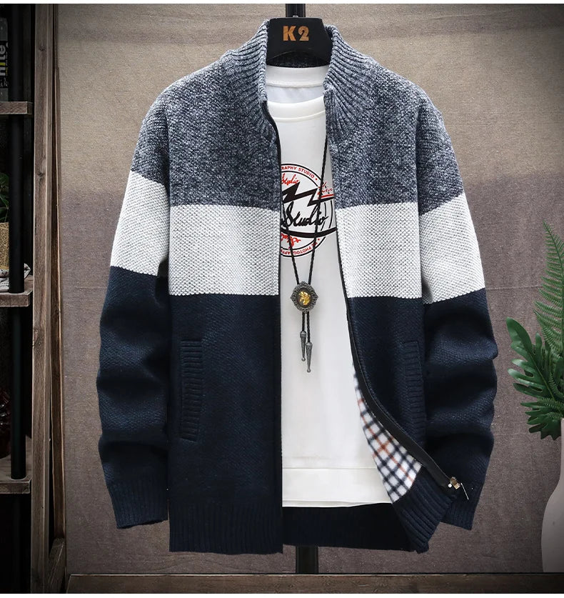 Men's Fleece Zipper Cardigan – Autumn Winter Velvet Striped Sweater Jacket